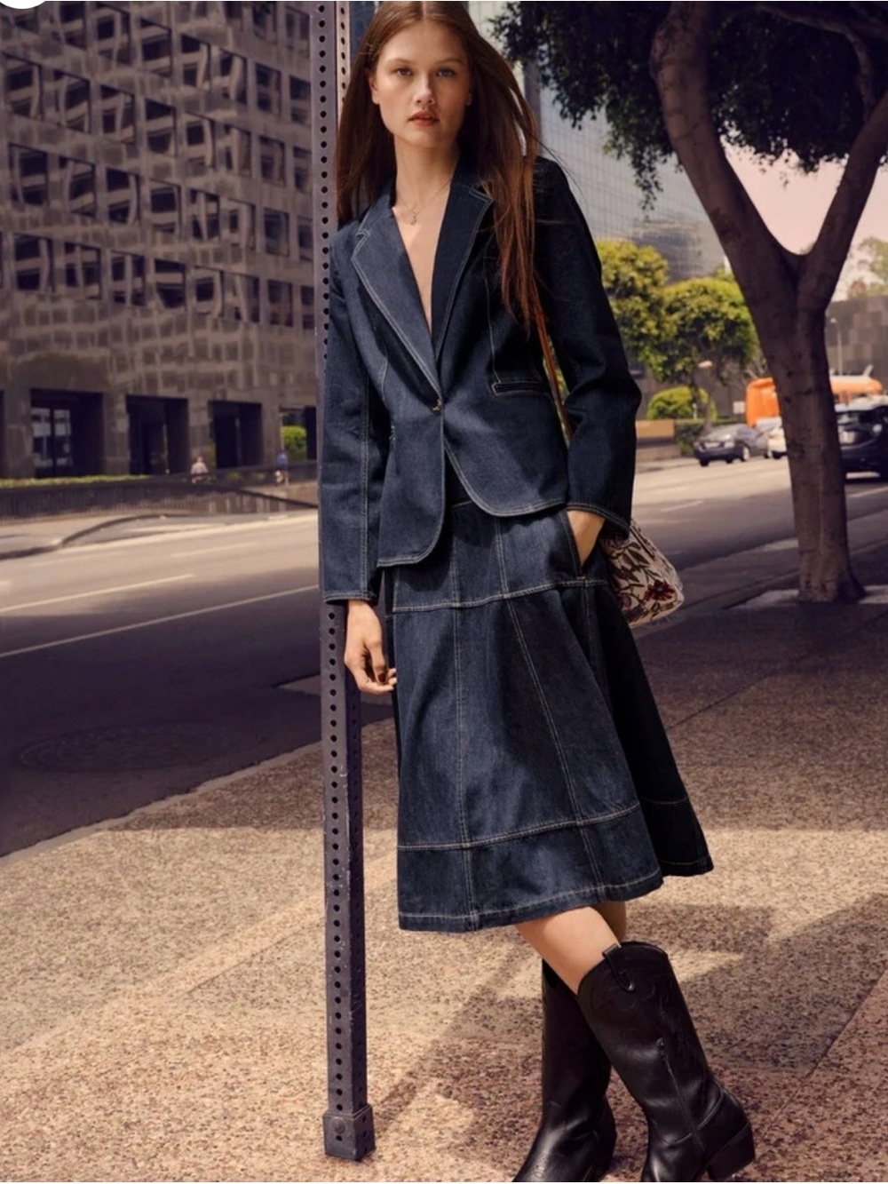 Free Assembly Denim Blazer & Midi Skirt 2 Piece Set XL / 14 Dark Wash